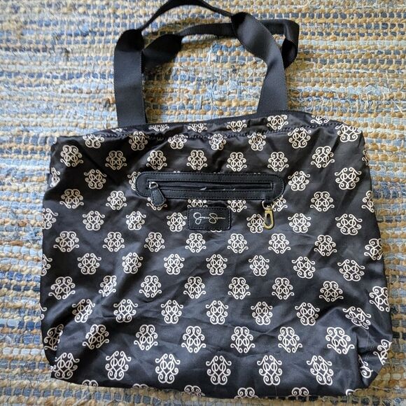 Reversible Tote Bag Black White Scroll Monogram Graphic Leaf Print Foldable Shou - Picture 5 of 8